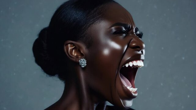 Black woman shouting with wide open mouth and expressive eyes, capturing raw emotion and intensity, conveying powerful energy and passion in dramatic portrait style. She screams in a rage