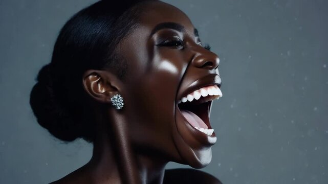 Close-up of Black woman laughing loudly with eyes closed, radiating pure joy and carefree happiness, highlighting her natural beauty and energetic spirit in studio setting.