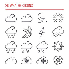 Minimal Line-Art Weather Icons – Cloud, Sun, Moon, Rain, Snow, and Nature Elements Set