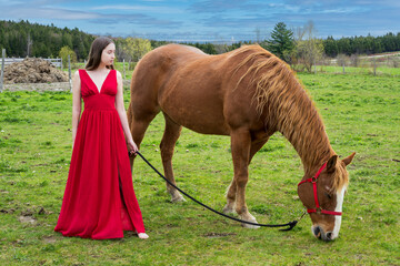 A young woman in a red dress with a horse