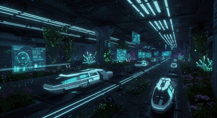 Futuristic urban landscape featuring advanced vehicles and vibrant greenery in a high tech environment