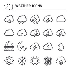 Minimal Line-Art Weather Icons – Cloud, Sun, Moon, Rain, Snow, and Nature Elements Set