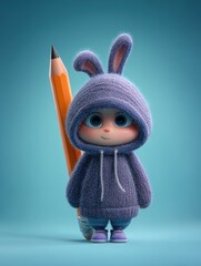 Cute 3D Character in Big Hoodie with Bunny Ears Standing Beside a Giant Pencil