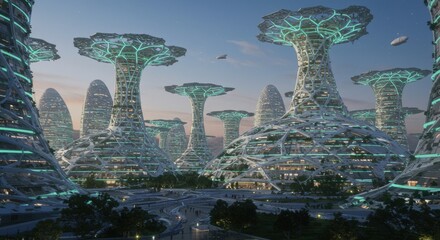 Futuristic cityscape featuring towering structures with luminous foliage and advanced technology at dusk