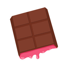 Chocolate bar filled with raspberry yogurt, topped with strawberry and raspberry. Cartoon vector hand drawn sweets. For product labels, menu, recipe visuals, packaging, sticker design