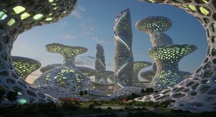 Futuristic urban landscape featuring organic architecture with bright details under a twilight sky