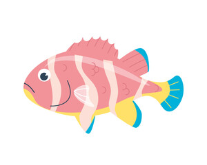 Cartoon exotic striped pink fish. Tropical underwater wildlife, bright fish, different colors, marine life, aquarium patterned animals, Caribbean sea fauna, coral reef, vector isolated illustration