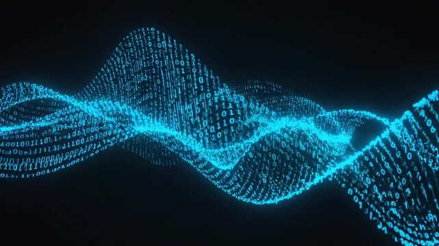 A high-detail zoom blue quantum wave made of swirling binary code, particle grids, floating data clusters, deep black backdrop. Fluid, slow motion elegant motion blur. Seamless loop. 4K