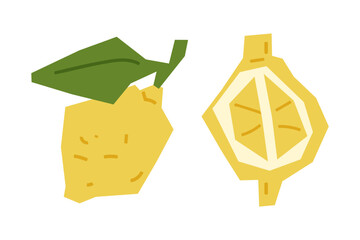 Flat Cartoon Lemon Slice Illustration — whole lemon with green leaf and half cut lemon slice in flat cartoon style. Isolated on white background with simple geometric shapes.