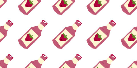 Seamless Raspberry Juice Bottle Pattern — seamless pattern with raspberry juice bottles in flat cartoon style. Pink bottles with raspberry label on white background in diagonal layout.