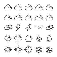 Obraz premium Minimal Line-Art Weather Icons – Cloud, Sun, Moon, Rain, Snow, and Nature Elements Set
