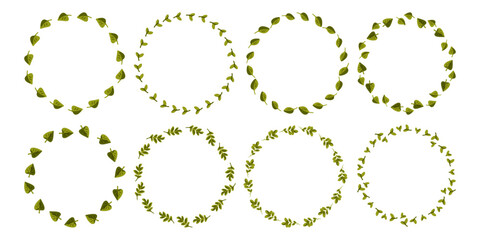 Green Leaf Wreath Frame Set. Set of eight round wreaths made of various green leaves. Flat cartoon botanical style, isolated on white background.