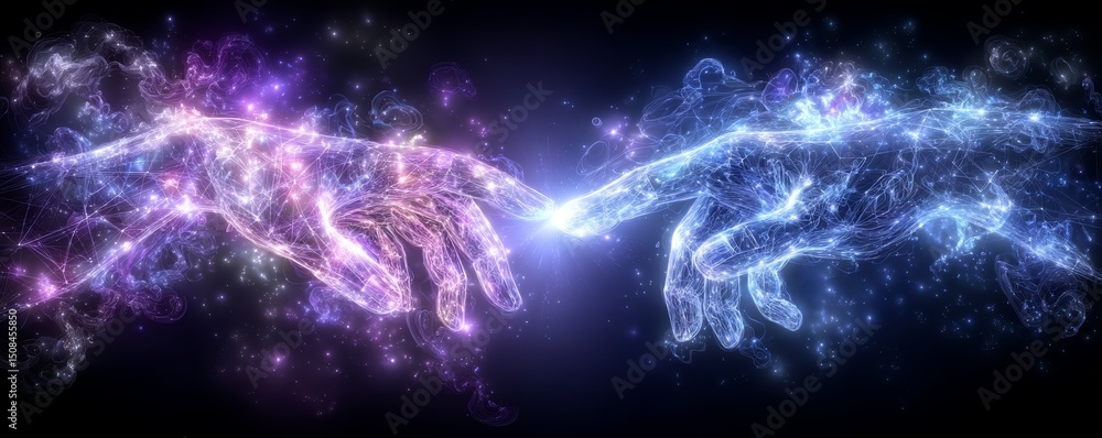 Poster digital collaboration is embodied by interconnected hands in a virtual environment, underscoring the
