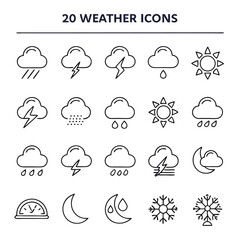 Fototapeta premium Minimal Line-Art Weather Icons – Cloud, Sun, Moon, Rain, Snow, and Nature Elements Set