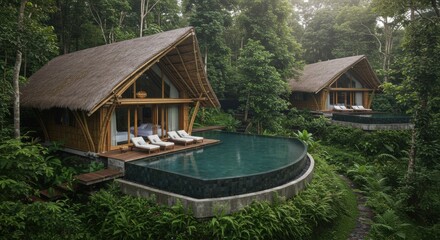 Luxurious bamboo villas nestled in lush tropical rainforest with serene swimming pools surrounded by vibrant greenery