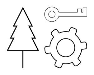 Outline of a pine tree, key, and gear. Ideal for themes thumbs up environment, safety, innovation, mechanics, progress technology and problem-solving. Simple flat metaphor