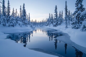 Obraz premium Aurora reflecting vividly in a frozen river winding through a snow-covered forest, Generative AI