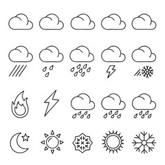 Minimal Line-Art Weather Icons – Cloud, Sun, Moon, Rain, Snow, and Nature Elements Set