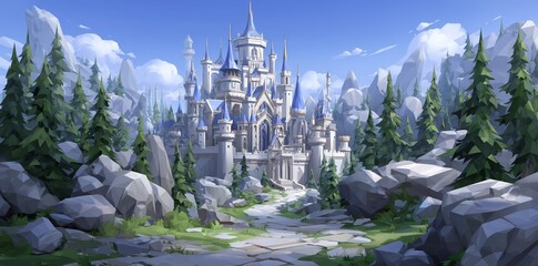 Vivid daytime landscape was painted with a fantasy style castle