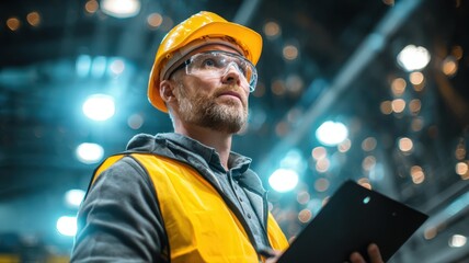 Elderly Male Factory Supervisor Wearing Safety Gear and Holding Clipboard in Industrial Setting