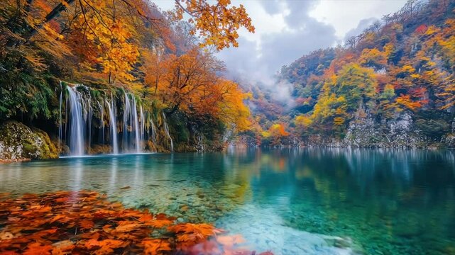 Autumnal Waterfall Reflecting in a Serene Lake. Lush, colorful trees surround a crystal-clear lake, with a cascading waterfall.  Fallen leaves in autumn hues rest on the water's edge