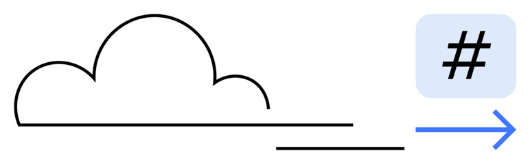 Simplified cloud line art connected to a metadata tag inside a square, followed by a blue arrow. Ideal for themes thumbs up cloud storage, data sharing, digital connection, social media, networking