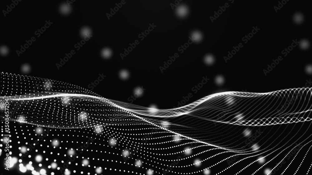 Poster abstract background with dynamic black and white wave. futuristic dotted wave of bright particles on