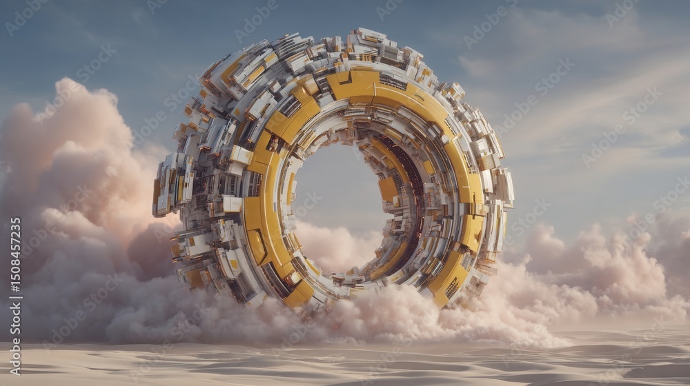 Aufkleber this 3d render presents a surreal desert setting with white clouds entering yellow square portals un