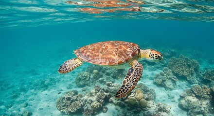 Obraz premium Majestic Green Sea Turtle Gracefully Navigating Vibrant Coral Reef