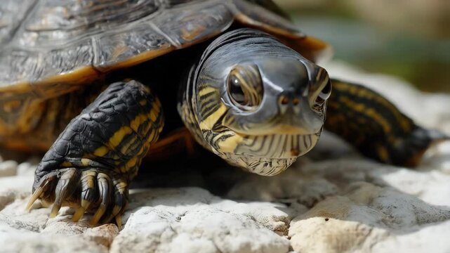 Close-up of a small turtle with a brown, patterned shell and yellow markings crawling on white rocks in the sunlight