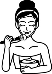 black and white illustration a woman is applying a face mask