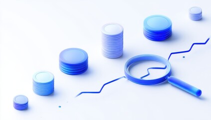 Blue stacks of coins, magnifying glass, graph