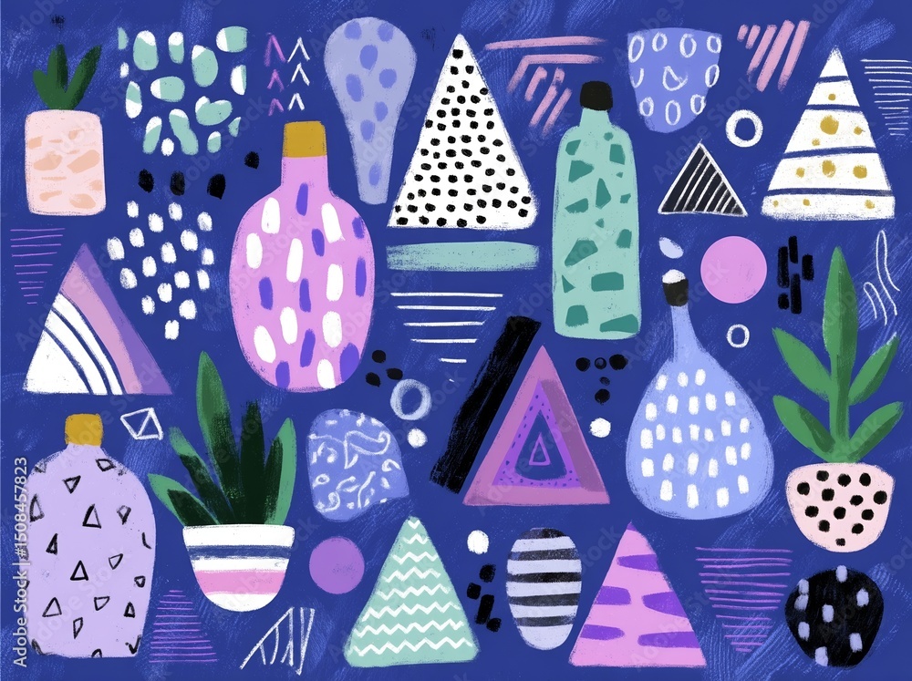 Poster memphis seamless pattern features geometric elements reminiscent of 80's style, creating a trendy re