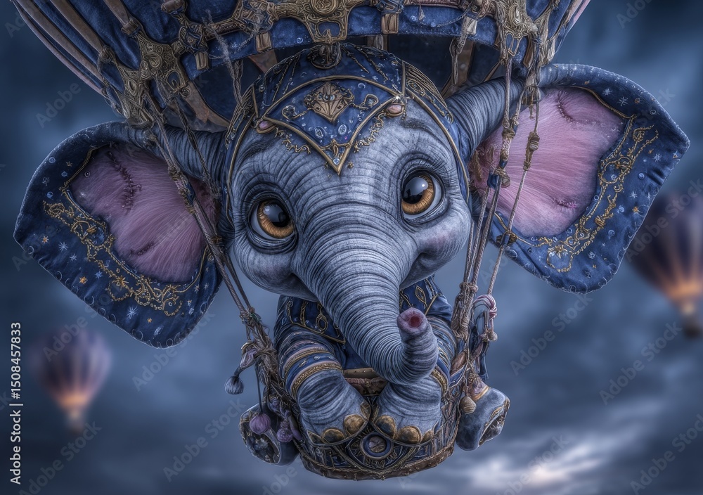 Poster a colossal elephant is shown floating effortlessly through the air, buoyed by a vibrant balloon, as 