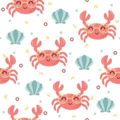 Cute crab with glasses hand drawn seamless vector design for print on textile, wrapping, backdrop and other uses.