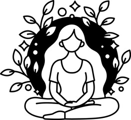 black and white illustration a woman is meditating peacefully
