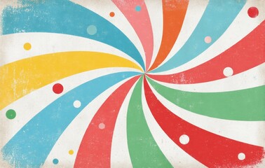 The design showcases a colorful sunburst with swirled stripes of blue, green, red, orange, and yellow on a light beige or white background, forming a fun and abstract starburst pattern with a groovy