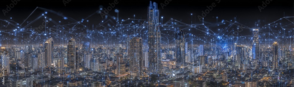 Poster a smart city is conceptualized through a banner that features a dot point connected by a gradient li