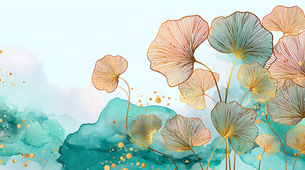 Golden Line Flowers with Watercolor Background
