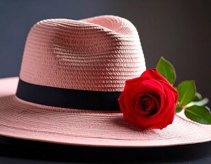 Pink straw hat with a single red rose