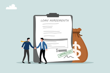 Businessmen shake hands with loan agreements and bags of money.