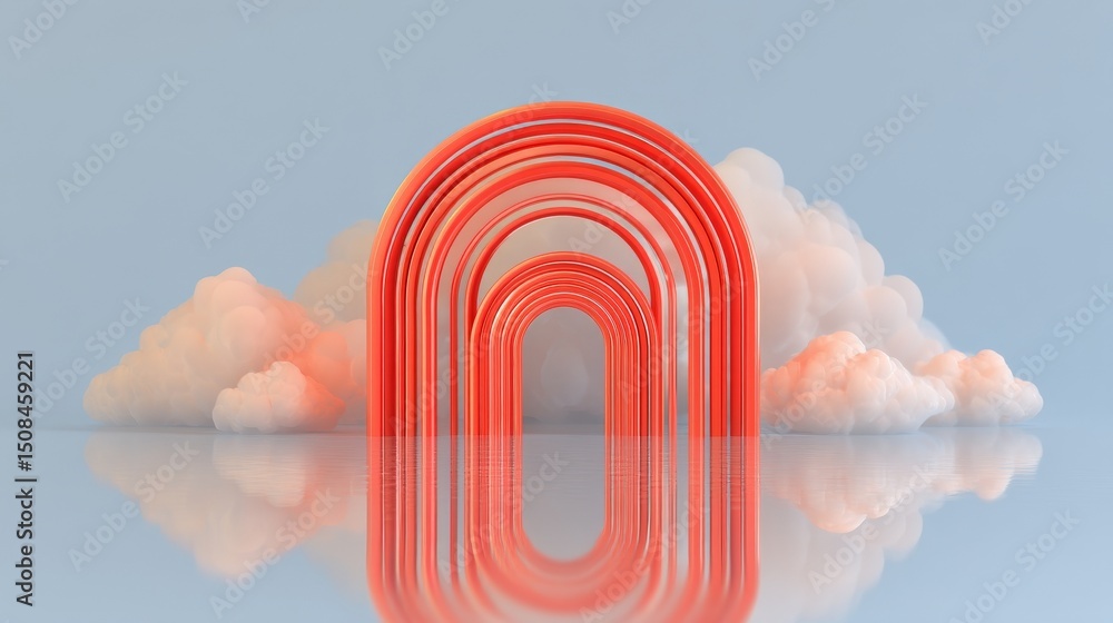 Poster a 3d rendering featuring an abstract modern backdrop with white clouds, circular red arches, and wat
