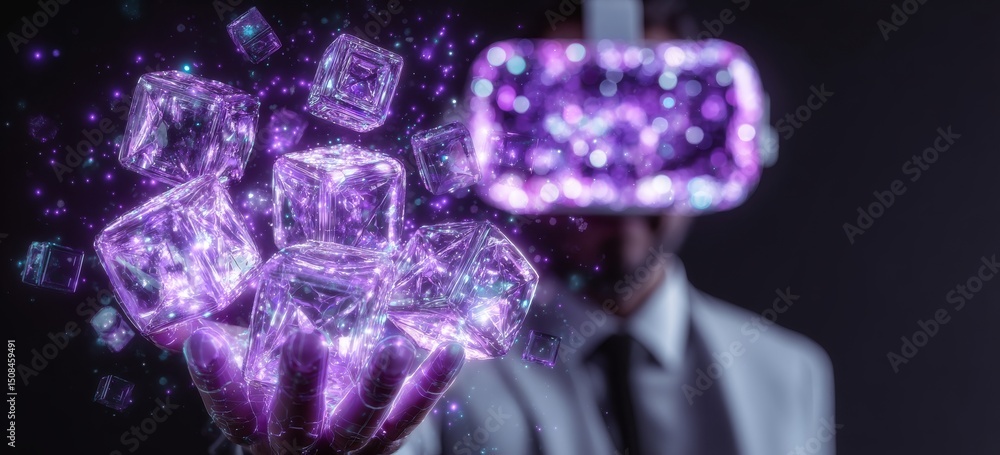 Poster concepts of metaverse and blockchain technology are being explored by a person wearing glasses who a