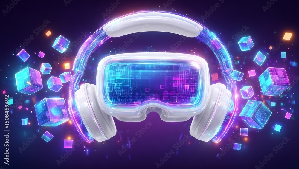 Poster concept of metaverse technology, including a virtual reality headset and controllers designed for ga