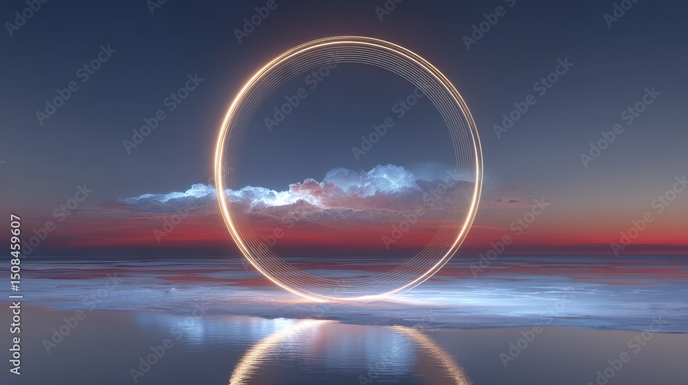 Poster in this 3d render, a surreal seascape is characterized by white clouds moving into red square portal