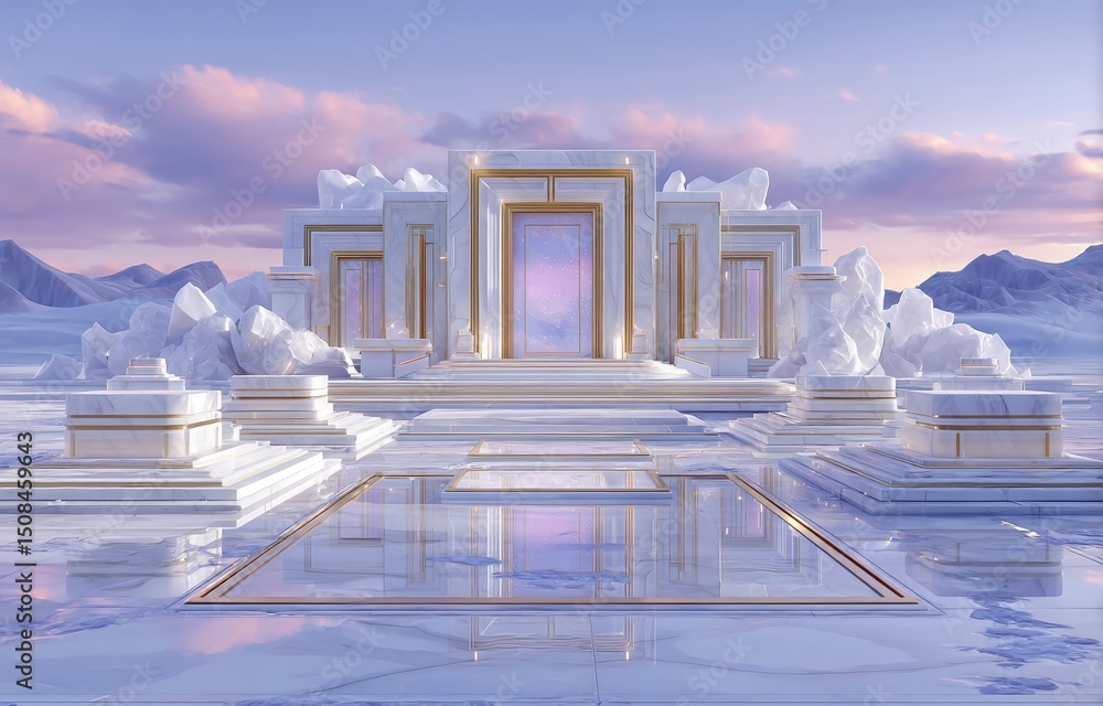 Poster a surreal winter christmas scene featuring geometric shapes set against a unique background, created