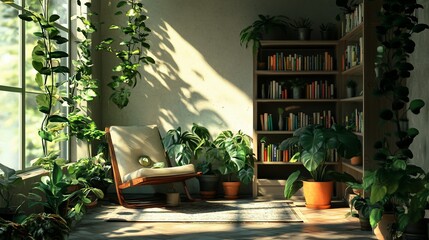 Indoor sanctuary, a reading nook bathed in sunlight and lush greenery