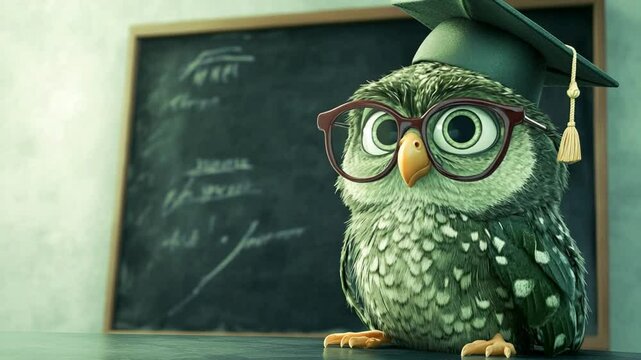 Wise Owl Graduate: A charming illustration of a studious owl wearing glasses and a graduation cap, sitting by a chalkboard.