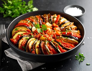 Roasted vegetables in a spiral arrangement, served in a black bowl