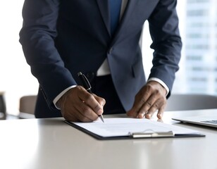Close-up of a person in a suit signing a document at a desk